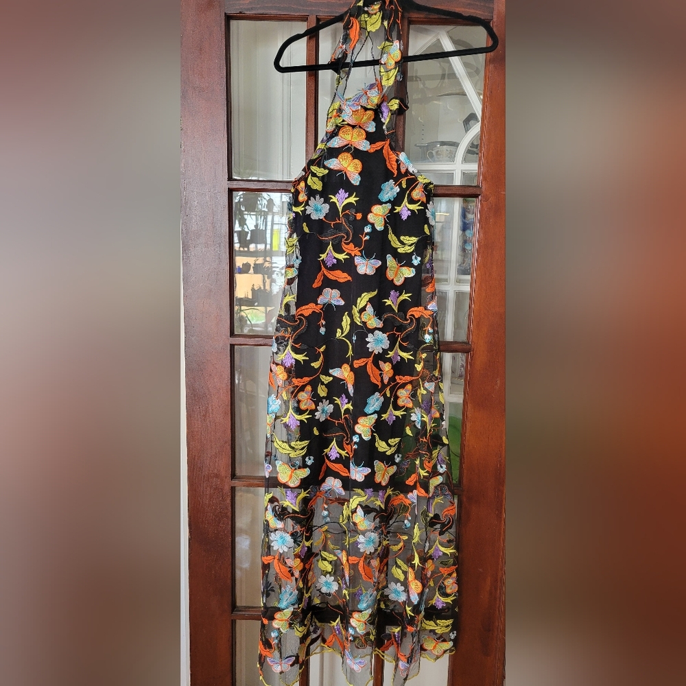 Couture Floral Halter Dress In Black with Colorful Embroidery Size Small/X Small
